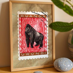 Impresión de sellos de gorila, impresión de arte postal africano, decoración de pared de vida salvaje retro, arte de pared de animales exóticos