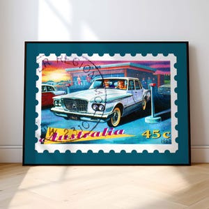 Weißer Oldtimer Druck, 1962 Chrysler Wandkunst, 1960er Poster, Australien Stempel Art, buntes Poster, lustige Retro-Wanddekoration