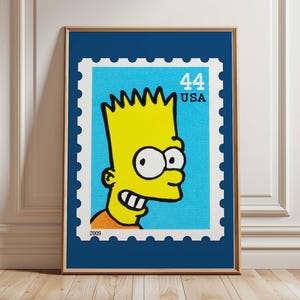 May include: Framed print featuring a stylized image of Bart Simpson as a postage stamp. The artwork showcases Bart's yellow hair, orange shirt, and mischievous grin against a blue background. The stamp reads "44 USA" and "2009".