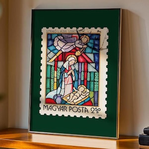 Arte de vidrieras en sellos postales antiguos, arte mural con sellos postales de Eva Zombory, póster de Jesucristo, regalo cristiano