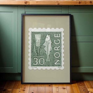 Impresión de arte de pesca retro, sello postal de pez verde, arte de pared, regalo para amantes de la pesca, art déco de cocina