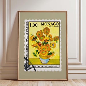 Arte de sellos de Vincent Van Gogh Girasoles / Impresión de catorce girasoles en un jarrón / Mónaco 1978 Vincent van Gogh / Sellos postales de pinturas famosas