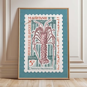 Vintage stijl kreeftenprint, rode zeevruchten keuken muurkunst, digitale download