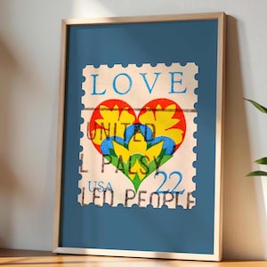 May include: A vintage-style poster with a blue background featuring a stylized heart-shaped flower design with yellow, red, and blue petals. The heart is surrounded by a white border with the text "LOVE UNITED PALSY PEOPLE" and "USA 22".