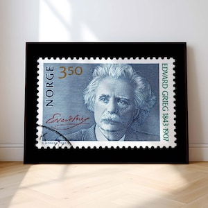 Arte de música clásica, regalo con temática musical, impresión de retrato de Edvard Grieg, póster de sello postal de Noruega, regalo para amantes del piano, regalo para profesores de piano