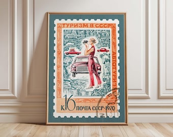 Vintage Travel Stamp Print Art, Retro Illustration Artwork