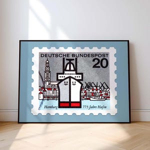 Arte mural con estampillas de viaje, póster imprimible de Alemania, póster decorativo de Hamburgo, arte mural para oficinas, póster imprimible de puerto de barco