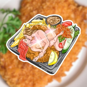 May include: A sticker featuring a cartoon illustration of two nude figures on a plate of food, including fries, salad, and a lemon wedge. The sticker has the text "HEY WEIRDO" at the bottom.