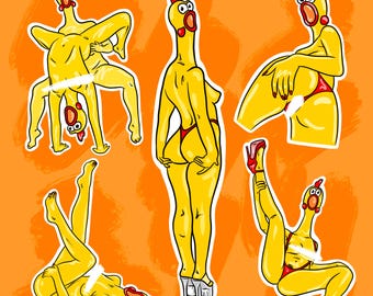Rubber Chicks STICKER PACK - Die Cut Vinyl, Laptop Sticker, funny, rubber chicken, clown, lesbian, parody, surreal, funny, stripper