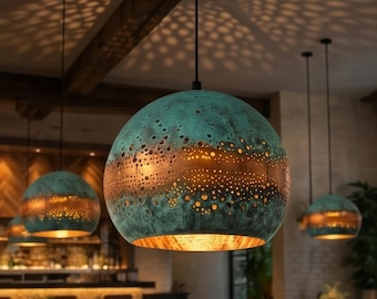 Moroccan Brass Pendant Light, Handmade Boho Ceiling Lamp, Kitchen Island Hanging Lighting