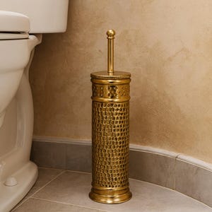 Handmade Moroccan Brass Toilet Brush Holder – Hammered Bathroom Accessory – Solid Brass Toilet Brush Stand with Lid and Cleaning Brush