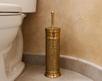 Handmade Moroccan Brass Toilet Brush Holder – Hammered Bathroom Accessory – Solid Brass Toilet Brush Stand with Lid and Cleaning Brush