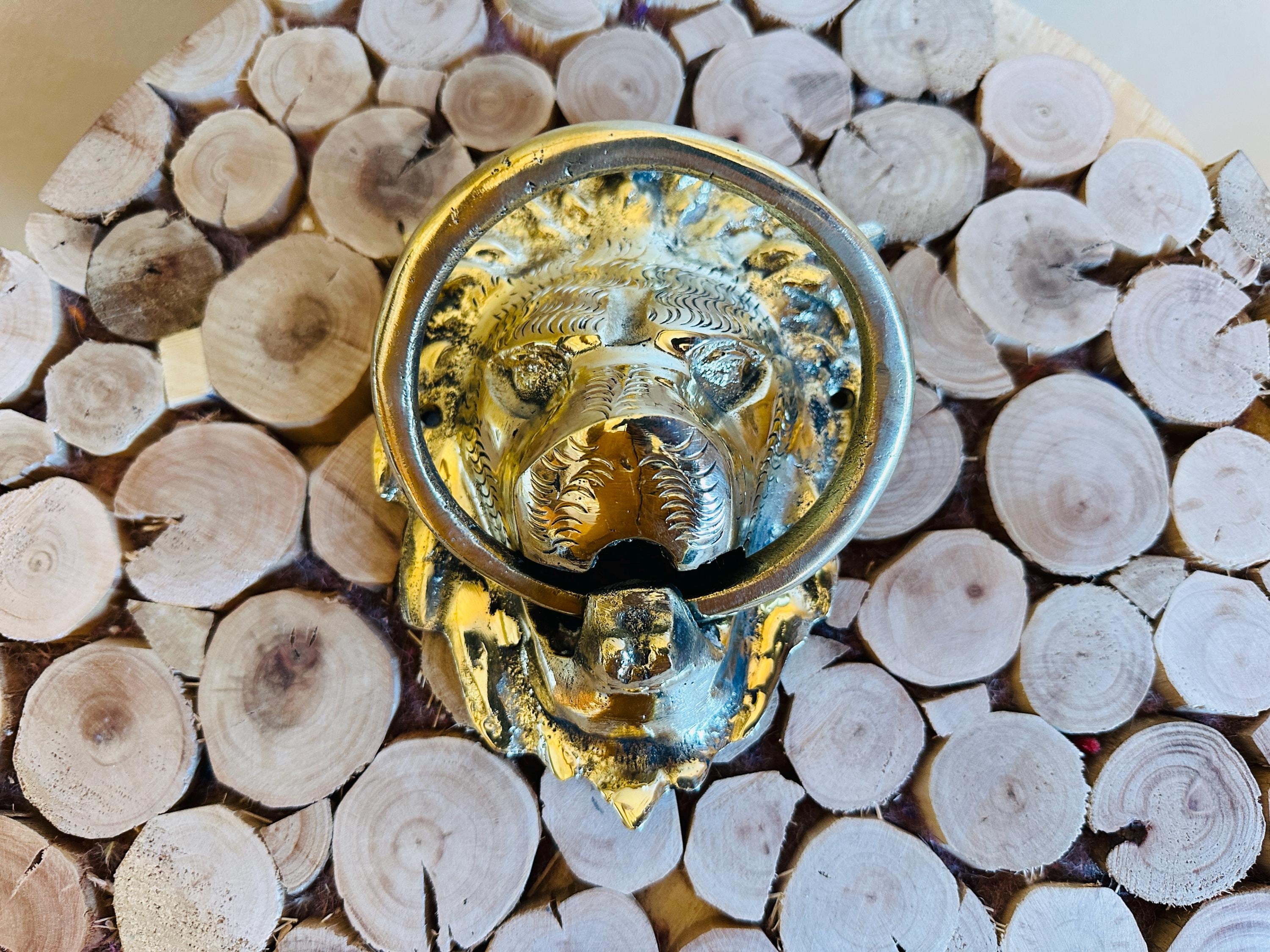 手作りモロッコ真鍮ドアノッカー - 彫刻されたライオンヘッド