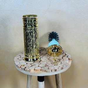 Handmade Moroccan Hammered Brass Toilet Brush Holder – Brass Bathroom toilet brush Accessory – Solid Moroccan Brass Brush Stand with Handle