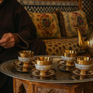 Authentic Moroccan Brass Tea Cups Set with Decorative Mother-of-Pearl Inlay – Handmade Vintage Traditional Tea Cups for Hosting & Gift