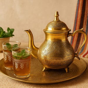 Può includere: Un set da tè dorato con una teiera ornata, due bicchieri di tè alla menta e un vassoio rotondo. Una piccola ciotola di menta e un tessuto a righe sono sullo sfondo. Il set da tè viene probabilmente utilizzato per servire il tè.