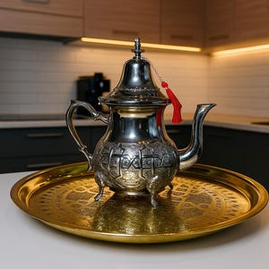 Peut inclure: Une théière argentée aux détails ornés est posée sur un plateau doré avec un motif gravé. La théière a un bec courbé, une anse et un couvercle décoratif. Un pompon rouge est suspendu au couvercle. Le plateau est rond et a un bord surélevé.