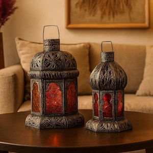 Handmade Moroccan Brass Lantern Set – Traditional Ramadan Decor, Islamic Arabic Art, Boho Candle Lanterns for Festivals, Night Light Accent