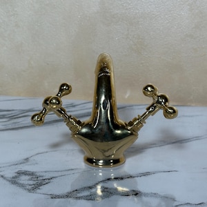 Handmade Moroccan Brass Faucet – Vintage Bathroom Fixture – Solid Brass Double Handle   Tap – Boho Vanity Faucet – Artisan Brass Decor