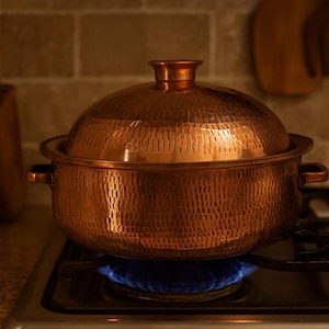 Handmade Moroccan Hammered Copper Pot with Lid – Traditional Wide Brass Cookware, Vintage Style Copper Cooking Pot by ArtCraftByKaoutar