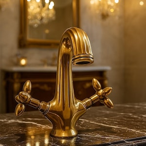 Op de afbeelding: Een goudkleurige badkamerkraan met een klassiek ontwerp. De kraan heeft een gebogen uitloop en twee kruisvormige handgrepen. De kraan staat op een donker marmeren aanrecht, met een spiegel en wandkandelaars op de achtergrond.