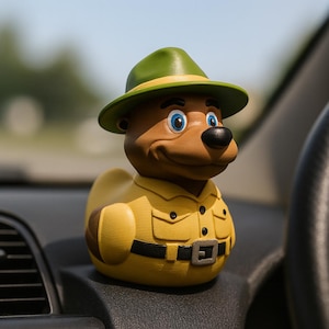 Könnte beinhalten: Eine neuartige Quietscheenten-Figur in Form eines Cartoon-Bären mit grünem Hut und gelbem Hemd. Der Bär hat einen braunen Kopf, blaue Augen und eine schwarze Nase. Die Ente sitzt auf einer schwarzen Oberfläche.