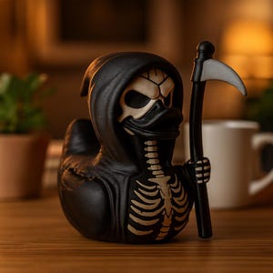 Puede incluir: Un patito de goma negro disfrazado de la Parca, con una capucha y una guadaña. El patito tiene un diseño de esqueleto en el pecho y una cara de calavera. El fondo está borroso, con una planta y una taza visibles.