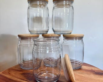 18oz MVP Anchor Jar with Wood Lid. Bulk; Wholesale. Clear Glass Candle Vessel with White Pine Lid. Glass Storage Jar.