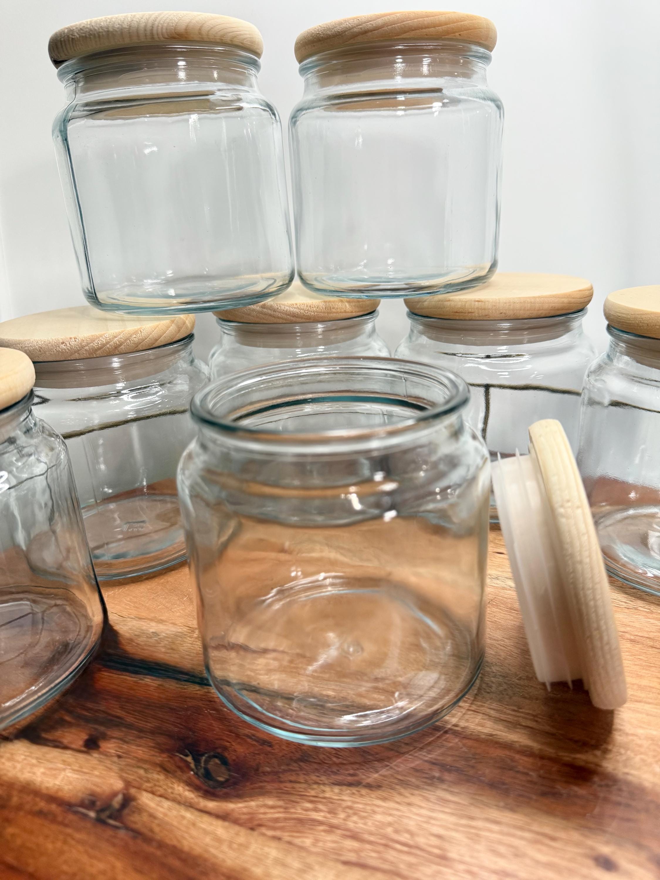 16oz Country Comfort Apothecary Jar with Wood Lid. Bulk; Wholesale. Clear Glass Candle Vessel with White Pine Lid.