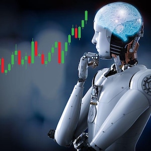 May include: A white robot with a glowing blue brain, contemplating a stock market graph with green and red bars. The robot's arm is raised to its chin, suggesting thought and analysis. The background is a blurred gradient of blues.