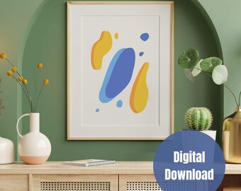 Lámina abstracta en azul y amarillo: Decoración minimalista moderna (descarga digital)
