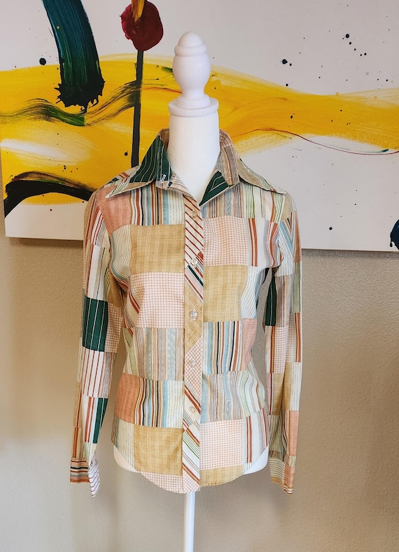 Airplane collar 60s button up patchwork fabric sh… - image 1