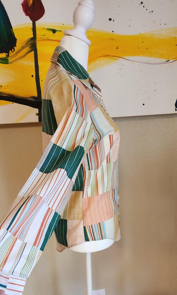 Airplane collar 60s button up patchwork fabric sh… - image 3