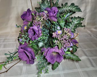 Rustic Terracotta Table Centerpiece with Purple Florals and Frosted Greenery