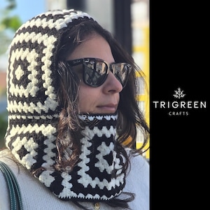 Pasamontañas de ganchillo hecho a mano para invierno, pasamontañas cuadrado con diseño de abuela, accesorio para el cabello, gorro de gran tamaño, pasamontañas en blanco y negro, regalo para ella
