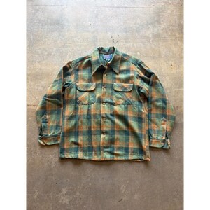 Vintage Pendleton Wool Shirt Plaid Green Tan USA Made 100% Virgin Wool Large