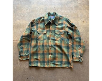 Vintage Pendleton Wool Shirt Plaid Green Tan USA Made 100% Virgin Wool Large