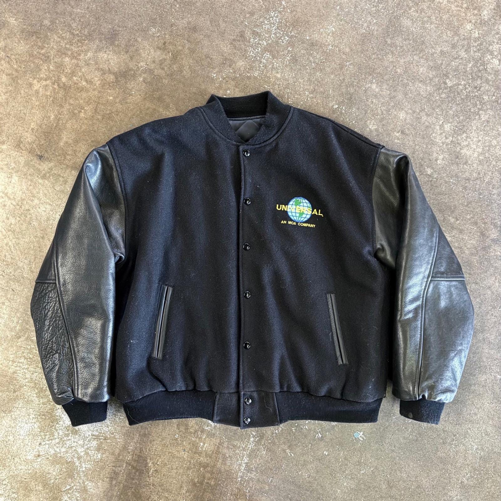 Vintage Universal Studios MCA Globe Logo Leather Sleeve Varsity Jacket ...