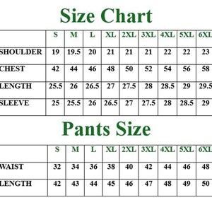 Puede incluir: Tabla de tallas para camisas y pantalones. La tabla muestra las medidas en pulgadas para el hombro, el pecho, la longitud, la manga, la cintura y la longitud. Las tallas van de la S a la 6XL.