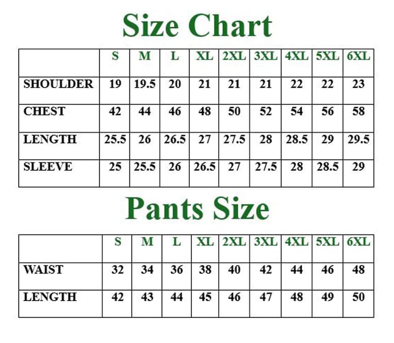 Puede incluir: Tabla de tallas para camisas y pantalones. La tabla muestra las medidas en pulgadas para el hombro, el pecho, la longitud, la manga, la cintura y la longitud. Las tallas van de la S a la 6XL.