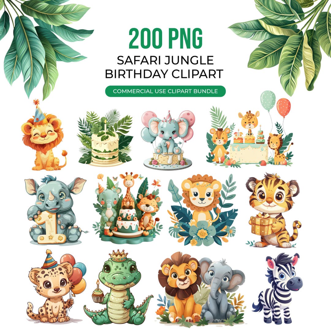 Safari Jungle Birthday Clipart Bundle | 200+ PNG Animals, Decor ...