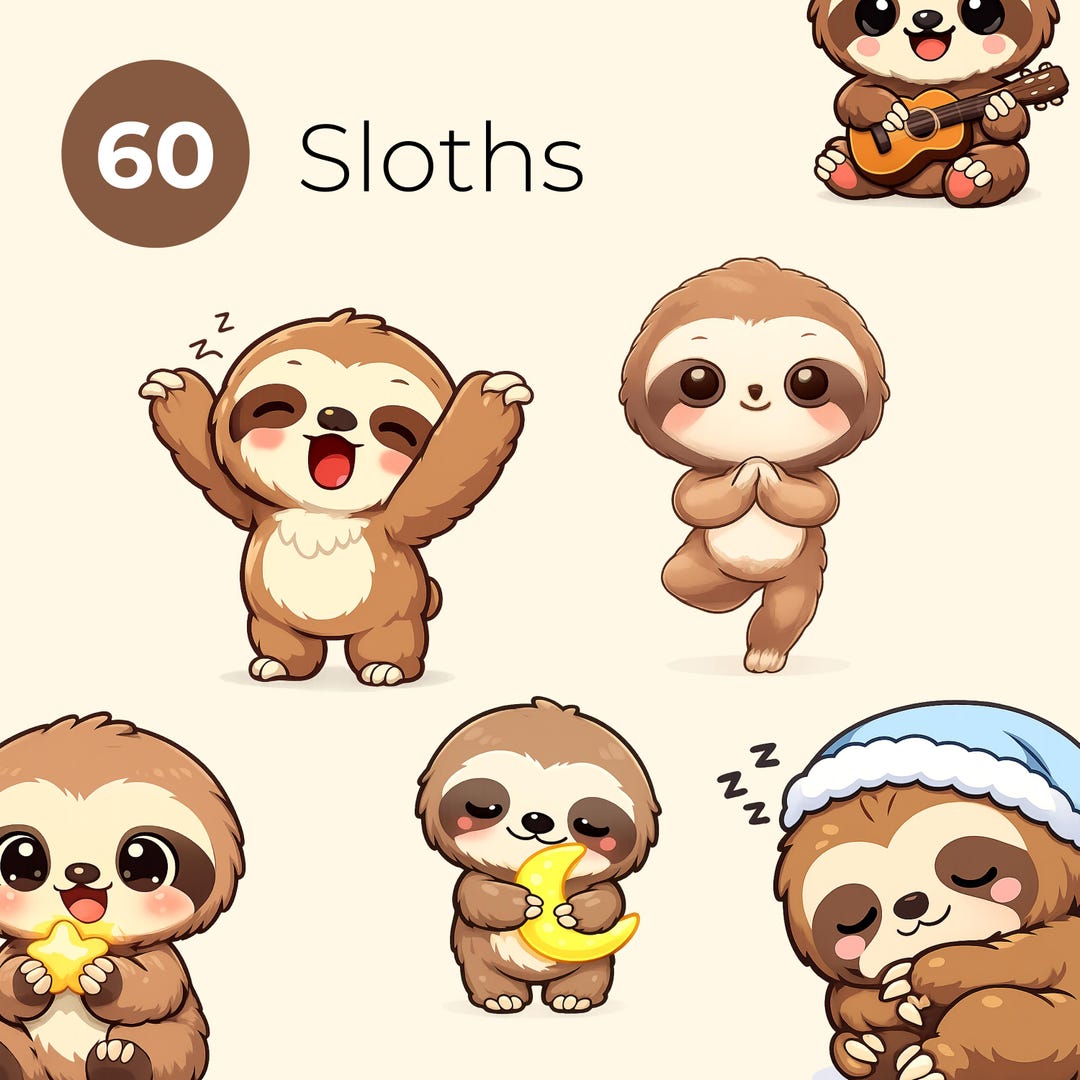60 Cute Sloth PNG Bundle – Adorable Sloths Doing Different Activities ...