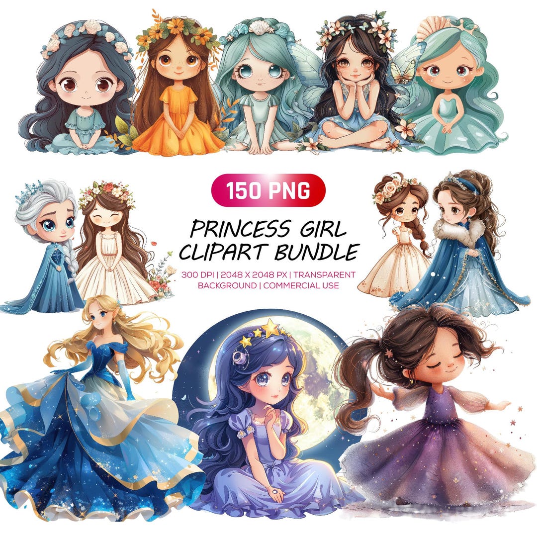 Fantasy Princess Girls Clipart Bundle 150 PNG | Fairy Princess PNG ...