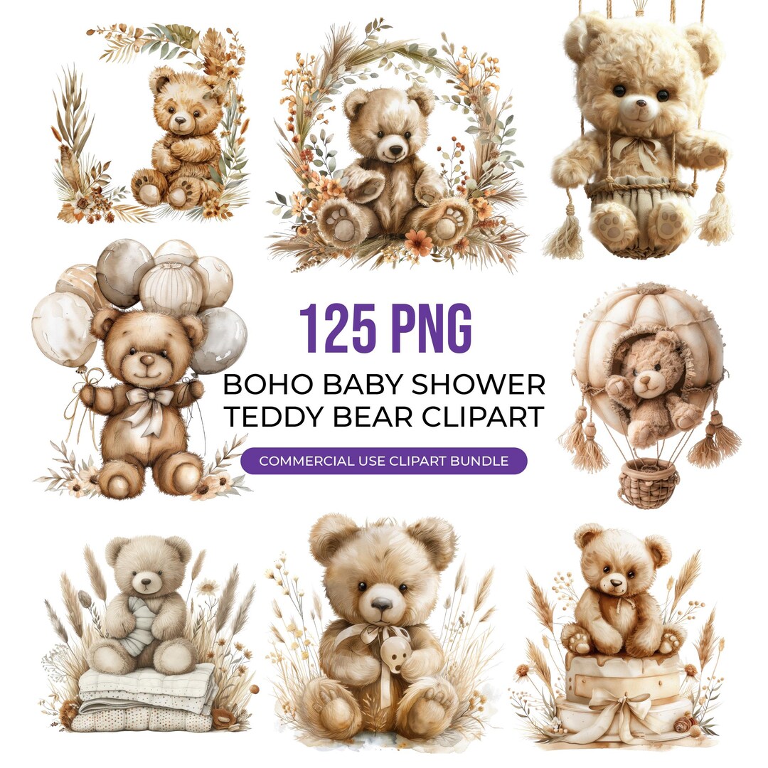 Boho Teddy Bear Clipart Bundle, 125 PNG Graphics, Baby Shower Decor ...