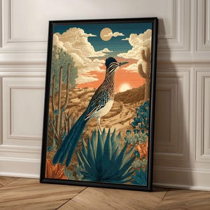 Väggkonst för Roadrunner-öknen, fågeltryck från sydvästra USA, affisch med ökendjur, kaktuslandskapskonst, dekoration för solnedgång i öknen