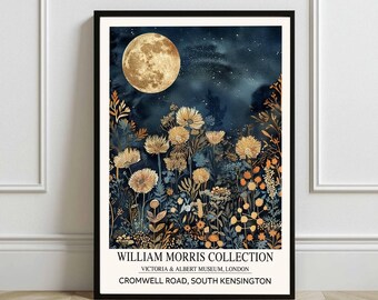 William Morris Moon Textile Forest Print, Arts and Crafts Woodland Wall Art, Vintage Botanical Night Poster