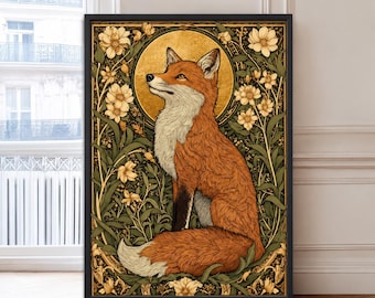 Art Nouveau Fox Floral Print Woodland Animal Wall Art, Ornamental Vintage Botanical Fox Illustration Print, Gold Colour Woodland Art.