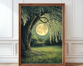 Full Moon Print, Tree Moon Wall Art, Willow Tree Night Sky Poster, Moody Forest Prints