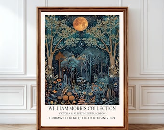 Impressão da Lua de William Morris, Pôster Céu Noturno na Floresta Escura, Lua Dourada Cheia na Arte de Parede da Mata