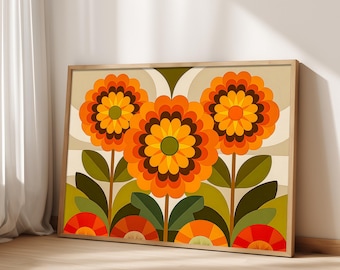 May include: A framed art print featuring a retro floral design. Three large orange and yellow flowers with green leaves are set against a beige and olive green background. The artwork is in a wooden frame and leans against a wall.